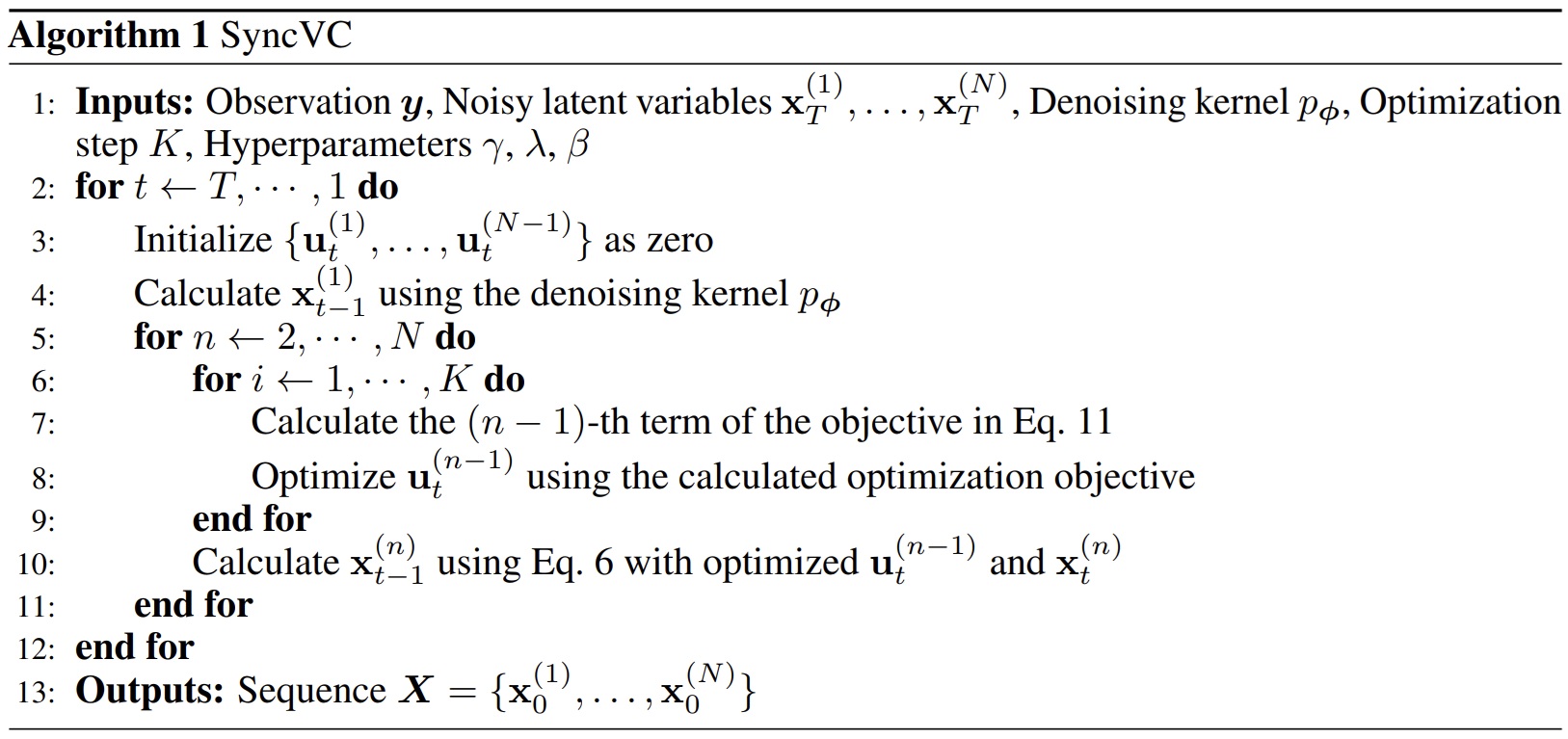 Pseudocode for the SyncVC test-time sampler with greedy sequential optimization of variational controls