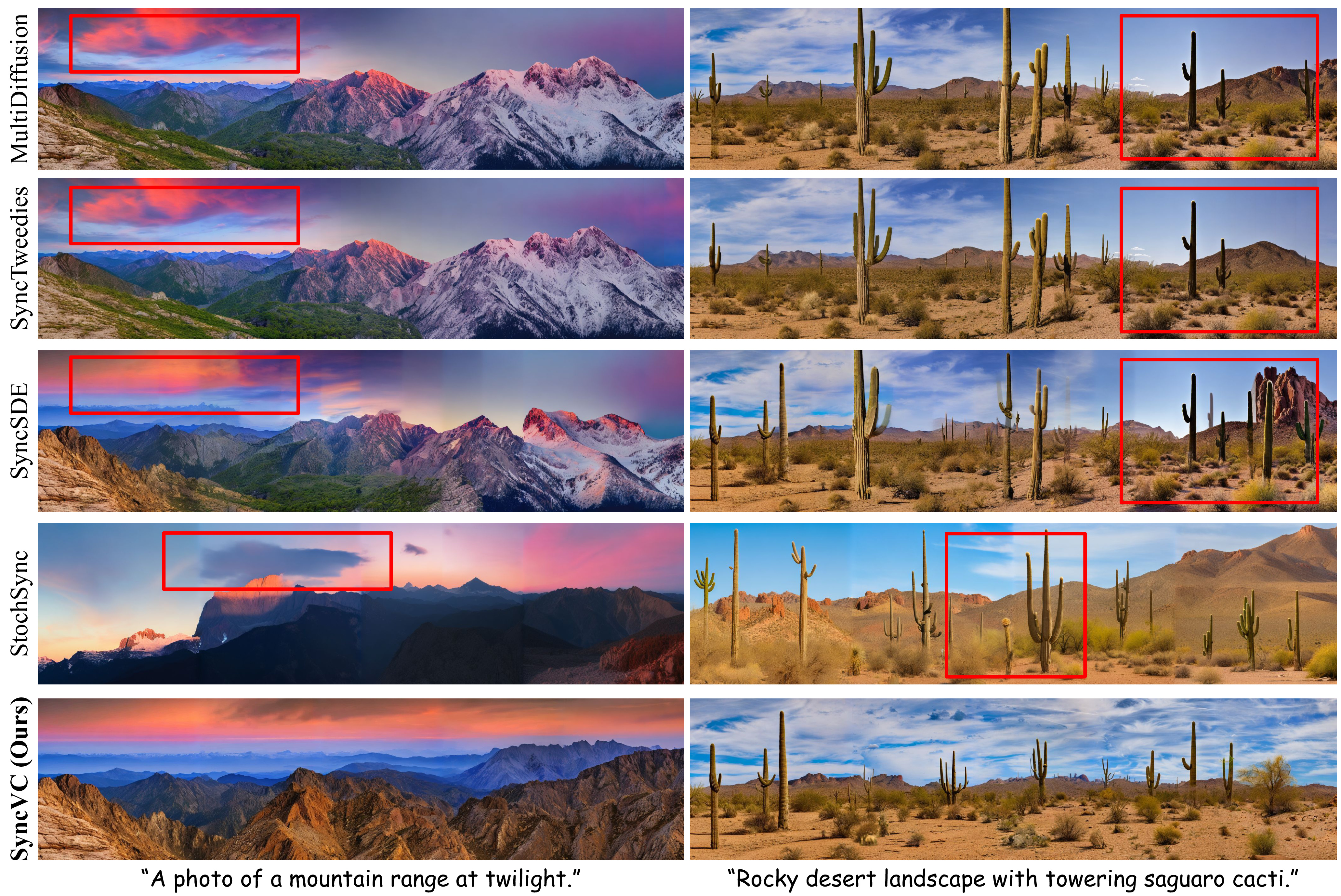Wide image generation comparison showing SyncVC with more consistent style and color than synchronization baselines